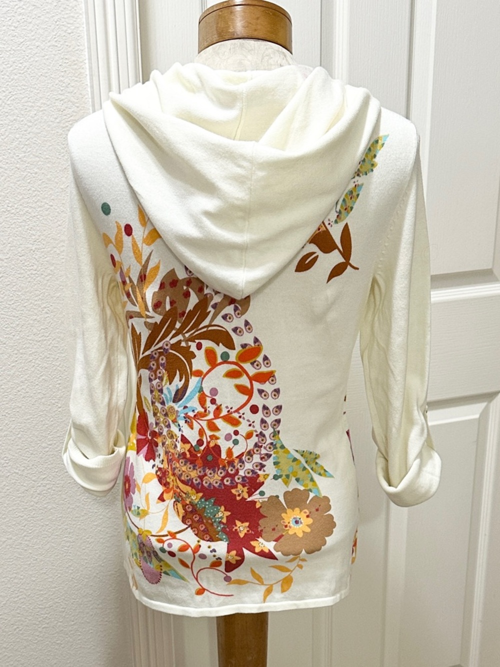 Moth Anthropologie Ivory Hoodie Cardigan Sweater w/Multicolor Floral Print - L